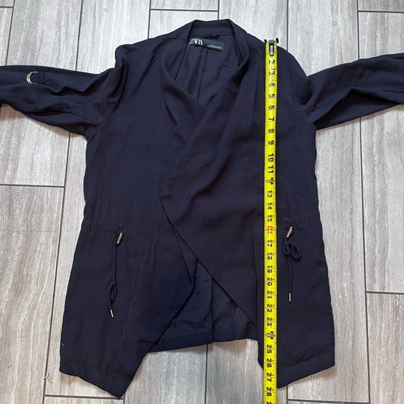 Zara Flowy Drawstring Jacket Navy Blue Size Med Long Sleeve Open Waterfall Front - Picture 4 of 5